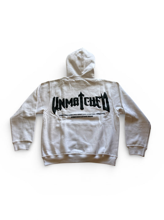 White Unmatched Hoodie-Puff print and silk Hood