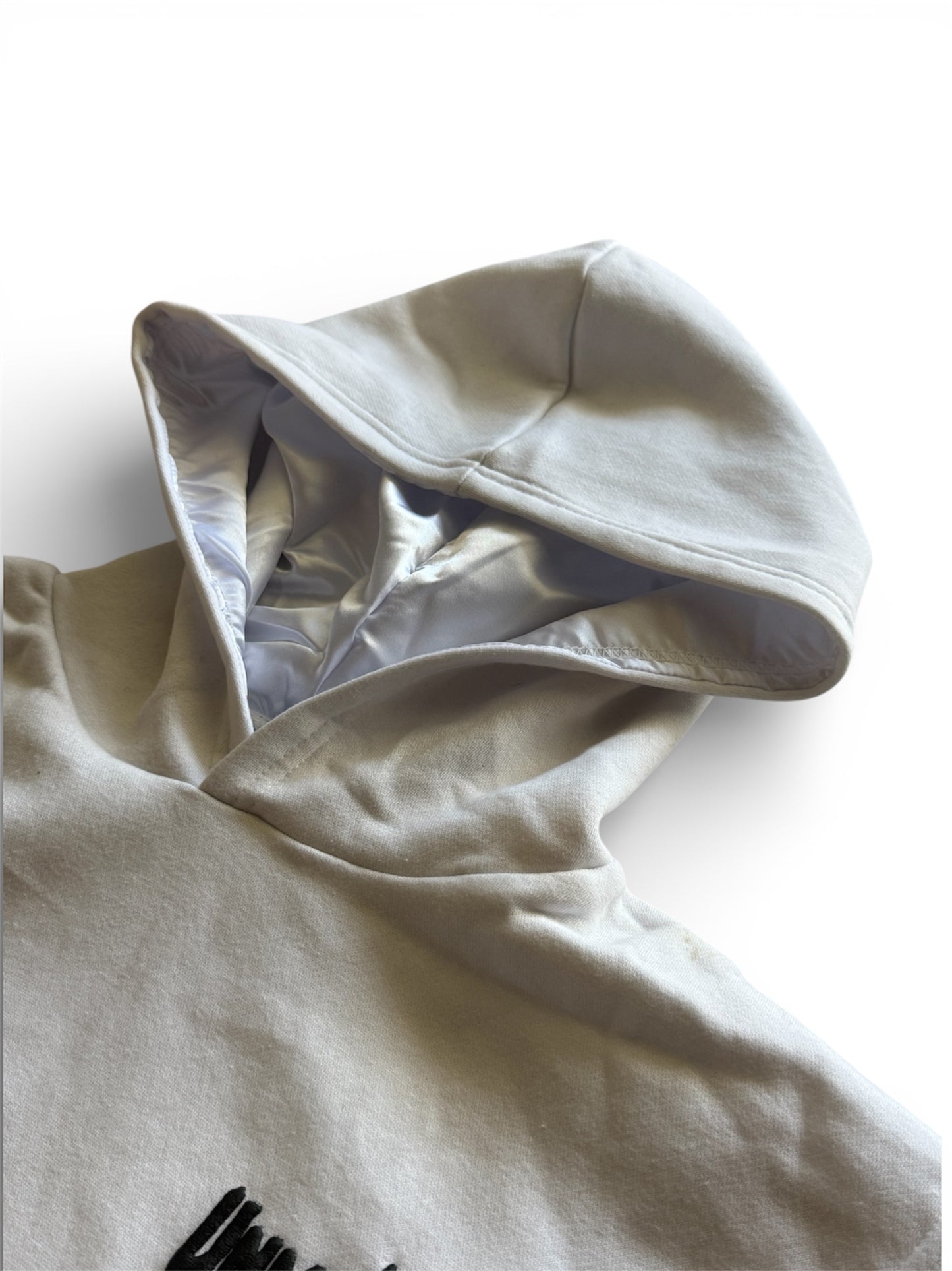 White Unmatched Hoodie-Puff print and silk Hood