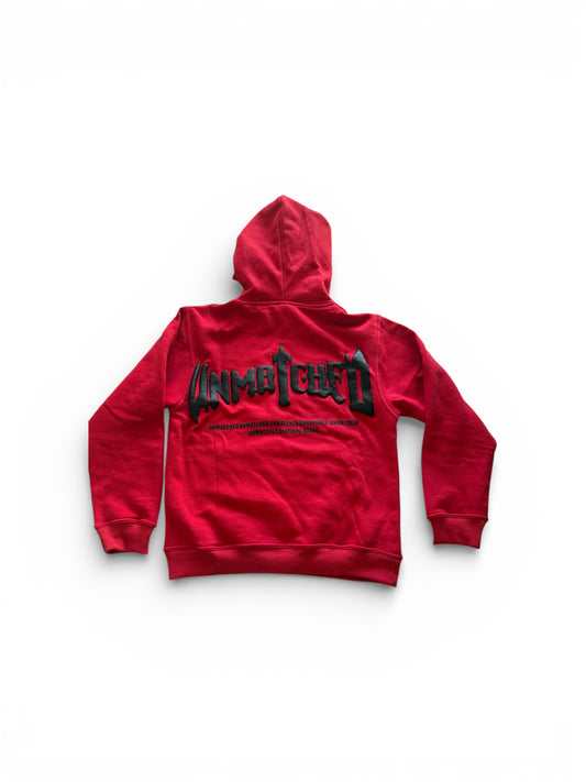 Red Unmatched Hoodie-Puff print and silk Hood