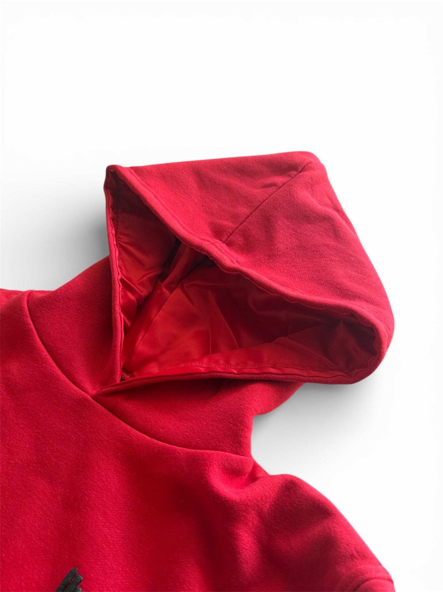 Red Unmatched Hoodie-Puff print and silk Hood