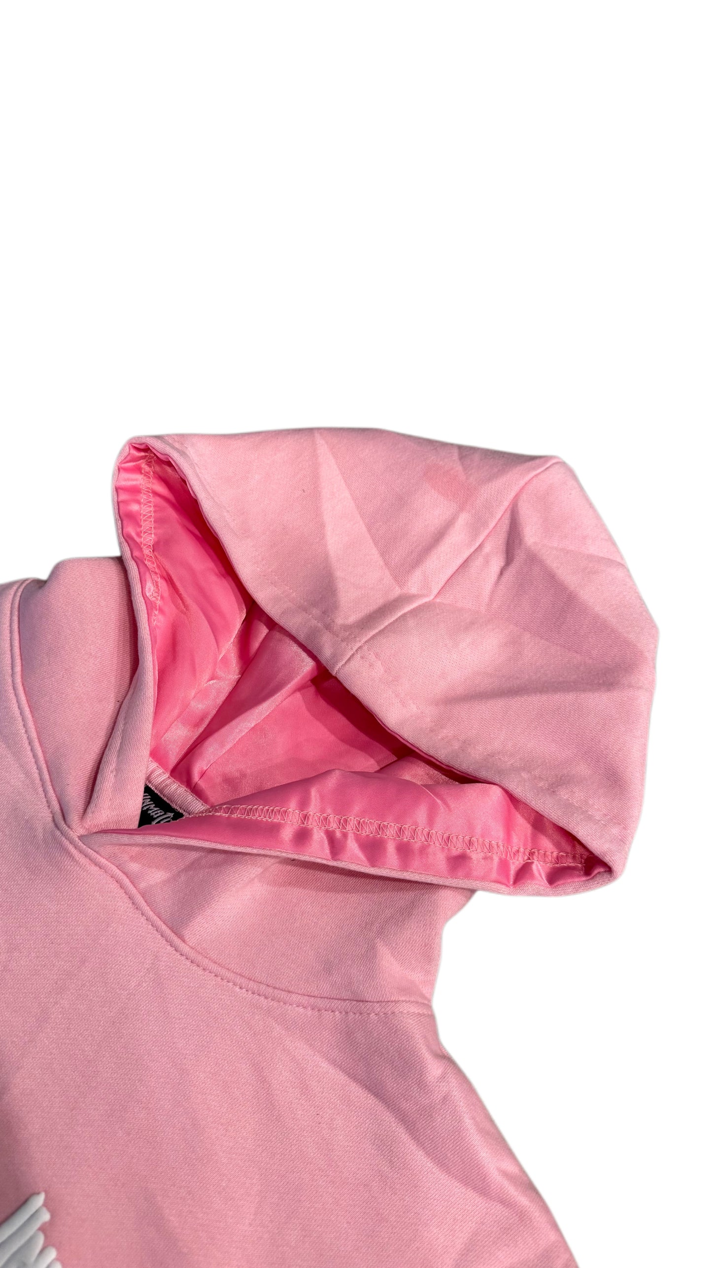 Baby Pink Unmatched Hoodie-Puff print and silk Hood