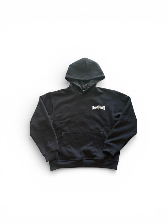 Black Unmatched Hoodie-Puff print and silk Hood