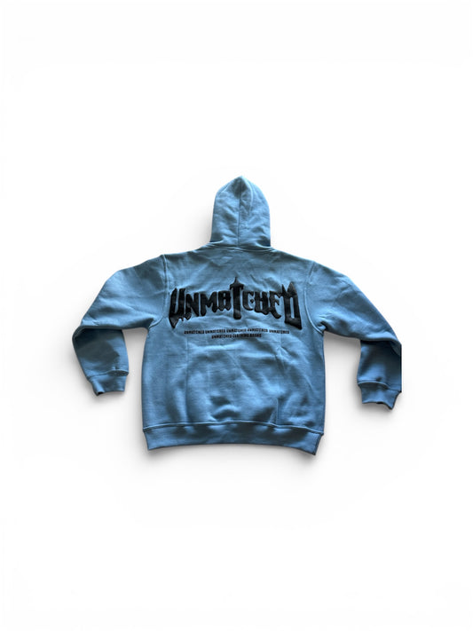 Baby Blue Unmatched Hoodie-Puff print and silk Hood